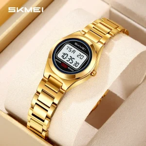 Skmei Electronic Digital Watch with LED Display Screen Stainless Steel Dual Time Zone Ladies Wristwatch Gold Luxury Women Watch