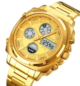 Skmei Luxury Gold Digital Watch for Men Stainless Steel Strap Analog Dial Display LED