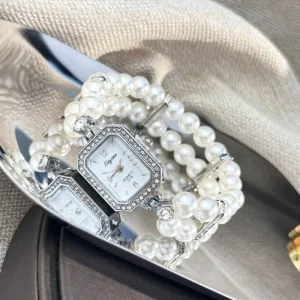 Slouchy Elastic Pearl Rhinestone Women’s Watch, Alloy Case, Arabic Numeral