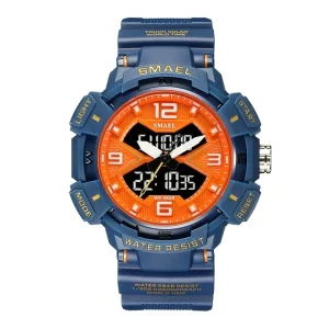Smael 8076 Quartz Alarm Clock Dual Time Display Soft Resin Strap 50M Water Resistant Complete Calendar Digital Sports Watch