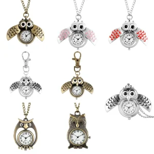 Small Cute Owl Shaped Vintage Pocket Watch for Unisex Family Gift Retro Quartz Watch Pendant on Chain with Arabic Numerals