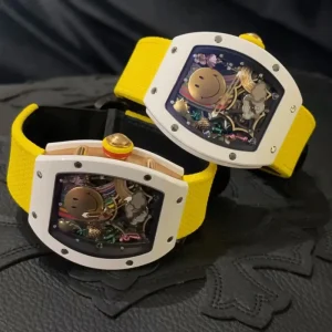 Smiley Face Themed Sweet and Cool Style Skeletonized Mechanical Watch White Case with Yellow Strap Trendy Women’s Wristwatch
