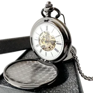 Smooth Black Retro Hand Wind Double Side Roman Mechanical Pocket Watch