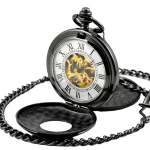 Smooth Black Retro Hand Wind Double Side Smooth Roman Mechanical Pocket Watches