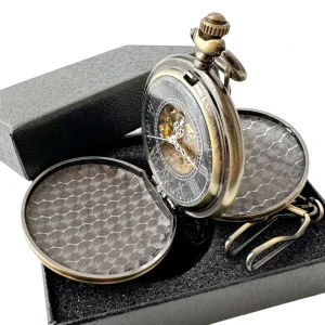 Smooth Bronze Retro Hand Wind Double Side Smooth Roman Mechanical Pocket Watch