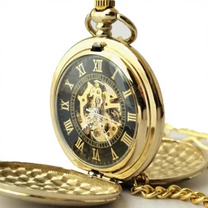 Smooth Gold Antique Retro Mechanical Hand Wind Double Side Roman Dial Pocket Watch Alloy Case No Waterproof