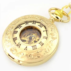 Smooth Gold Retro Hand Wind Double Side Smooth Roman Mechanical Pocket Watch