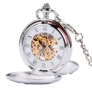 Smooth Mechanical Silver Antique Stylish Retro Hand Wind Double Face Roman Pocket Watch with Zinc Alloy Case
