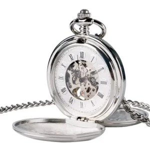 Smooth Retro Hand Wind Double Side Roman Mechanical Pocket Watch with Alloy Case and Round Dial