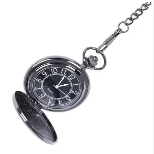 Smooth and Bright Antique Quartz Retro Two faced Black Necklace Simple Pocket Watch with Alloy Case and Round Dial