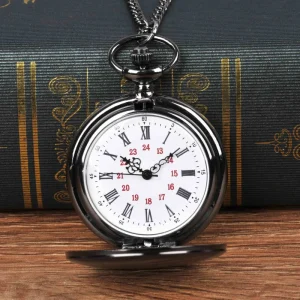 Smooth and Bright Retro Two faced Pocket Watch Black Necklace Roman Pocket Watch