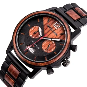 Solid Color Unisex Stainless Steel Watch Chronograph with Red Glabag Luxury Wooden Buckle for Men