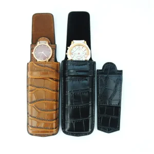 Sonny Genuine Leather Durable Travel Watch Pouch Black Brown Crocodile Pattern Single Watch Storage Case for Men Women