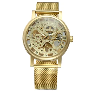 Special Design Gold Luxury Men’s Custom Logo Skeleton Mechanical Analog Watch Stainless Steel Mesh Band Power Reserve