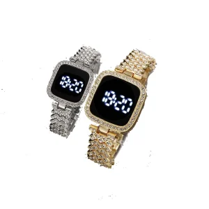 Sport Fashion High Quality Women’s Watch Square Diamond Inlay Luxury LED Display Alloy Case Stainless Steel Band