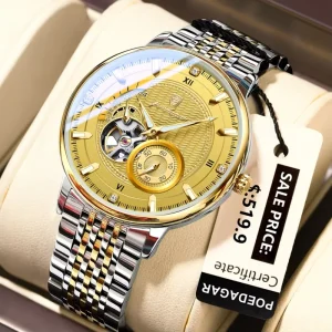 Sport Style Skeleton Watch for Men Mechanical Movement Luminous Display Stainless Steel Water Resistant 20mm Durable Bracelet
