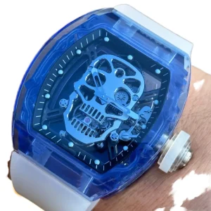 Sport Watch for Men and Women with Blue Transparent Carbon Fiber Case and Rubber Strap