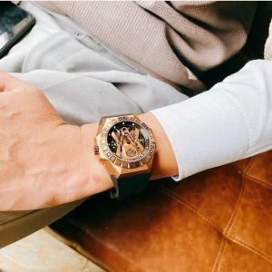 Sport Watches All Black Waterproof Leather Strap Men Automatic Skeleton Watch RGA6912