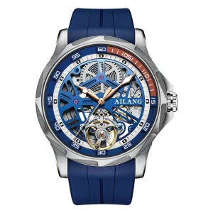 Sports Blue Mechanical Watch Men Silicone Strap Waterproof Skeleton Stainless Steel Case Tourbillon Watch