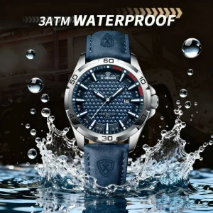 Sports Quartz Watch Alloy Case Glass Dial Genuine Leather Band Chronograph