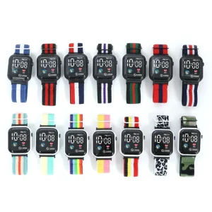 Sports Square Case Elastic Colorful Nylon Band Digital LED Electronic Watch Student Kids Unisex
