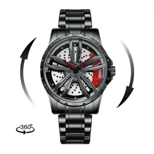 Sports Wheel Men’s Quartz Watch, 3D Design, Black Rim, Car, Waterproof