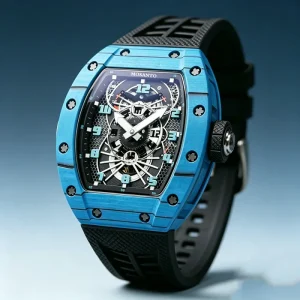 Sporty Design Luxurious Blue Carbon Fiber Case Dual Time Zone Automatic Mechanical Watch for Men