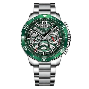 Sporty Men’s Chronograph Watch Rotating Bezel Skeleton Dial 24H Display Calendar Waterproof Stainless Steel Band Watch