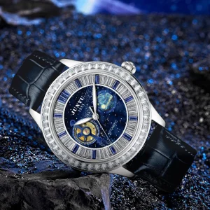 Sporty New Design Genuine Leather Diamond Tourbillon Custom Automatic Mechanical Watch for Men