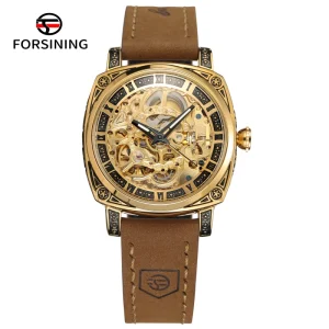 Square Analog Dial Couple Watches with 3D Hollow Out Design Brown Genuine Leather Strap