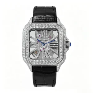 Square Full Moissanite Quartz Watch For Men, Hip Hop Party Wristwatch, Crystal Cow Strap
