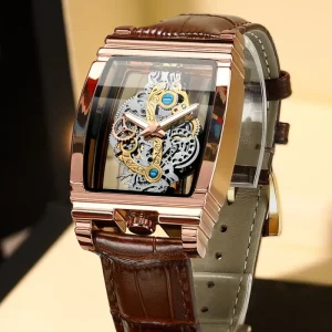 Square Luxury Men Gold Tourbillon Skeleton Quartz Wrist Watch for Men