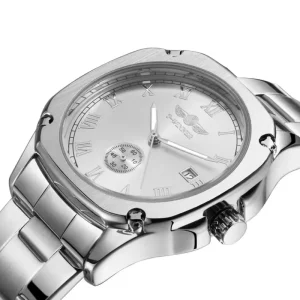 Square Men’s Automatic Watch With Calendar Fashion Mechanical Stainless Steel Strap Wrist Watches Men Silver Clock