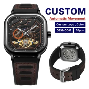 Square Moon Phase Automatic Mechanical Skeleton Wrist Watch with Analog Dial