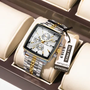 Square Stainless Steel Men’s Watches Waterproof Luminous Chronograph Quartz Watch for Men