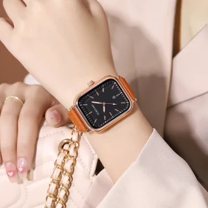 Square Women’s Quartz Diamond Leather Calendar Watch