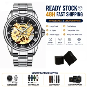 Stainless Steel Alloy Skeleton Mechanical Watch Waterproof Business Design Power Reserve Pointer Display