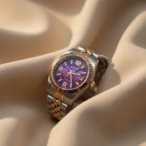 Stainless Steel Automatic Watch with Vibrant Purple Abalone Dial Fluted Bezel Refined Modern Design for Formal and Daily Wear