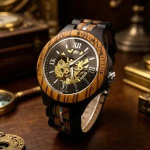 Stainless Steel Band Skeleton Mechanical Automatic Wood Watch Eco Friendly Vintage Wooden Wrist Watch Men Montre En Bois
