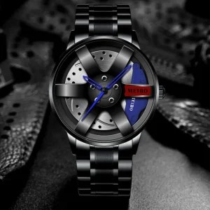 Stainless Steel Band Skeleton Quartz Watches Men Wrist Unique Rim Watch Unique 3D Design Car Wheel Watch