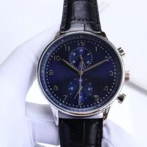 Stainless Steel Case Blue Dial Gradient Sunburst Pattern Leather Strap Men’s Watch