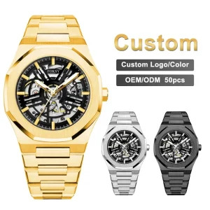 Stainless Steel Case Custom Logo Skeleton Wrist Automatic Mechanical Watch for Men