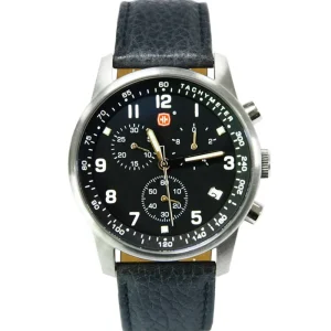 Stainless Steel Chronograph Men’s Watch 3 Sub-Dials Tachymeter Black Leather Strap Multi-Function Wristwatch
