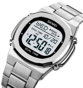 Stainless Steel Chronometer Casual Watch SKMEI 2004 3 Atm Water Resistant Retro Steel Digital Watch for Men