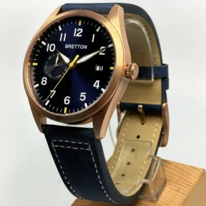 Stainless Steel Field Watch Men’s Blue Dial Blue Leather Strap Date Sub-dial