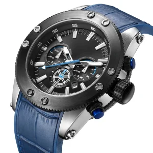 Stainless Steel Genuine Leather Chronograph Watch Customized Wrist Watch for Men