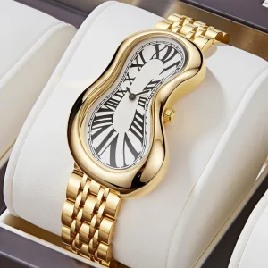 Stainless Steel Gold Twist Melt Quartz Wristwatch with Roman Numerals Twisted Curved Alloy Case 40mm Dial Display Pointer