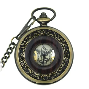 Stainless Steel Inter Wood Watch Retro Flip Mechanical Pocket Watches