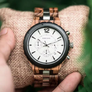 Stainless Steel Men’s Personalized Sport Antique Business Analog Quartz Movement Chronograph Eco Fashion Wood Watch