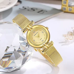 Stainless Steel Mesh Strap Women’s Watch Golden Round Dial Quartz Ladies Bracelet Wristwatch